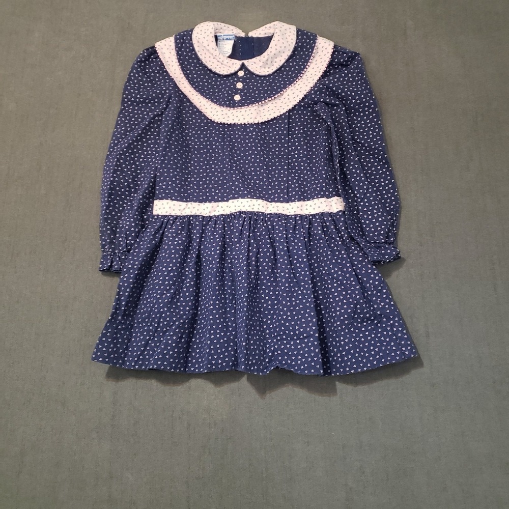 Vtg Polly Flinders Long Sleeve Dress Girls 7 Navy & Pink Collared Print